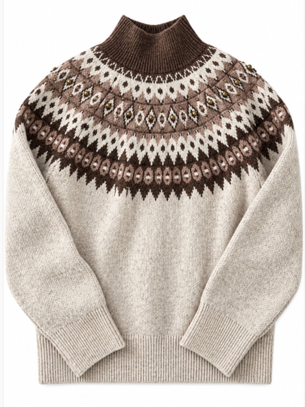 Joie Fair Isle Nordic Yoke Mock Neck Knit Sweater Brown Oatmeal XS (Oversized)